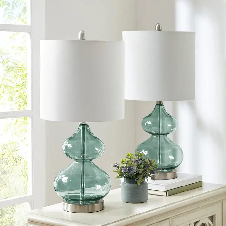 TEAL GLASS BASE TABLE LAMP (SET OF 2)