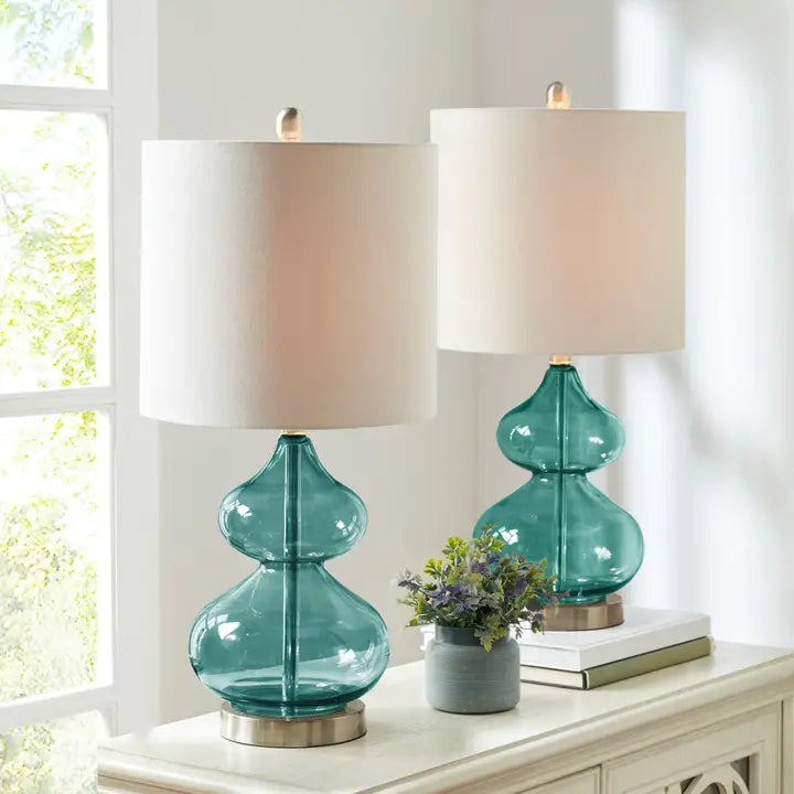 TEAL GLASS BASE TABLE LAMP (SET OF 2)