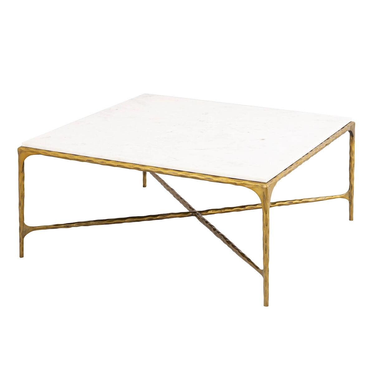 SEVILLE FORGED MARBLE TOP COFFEE TABLE, ANTIQUE BRASS