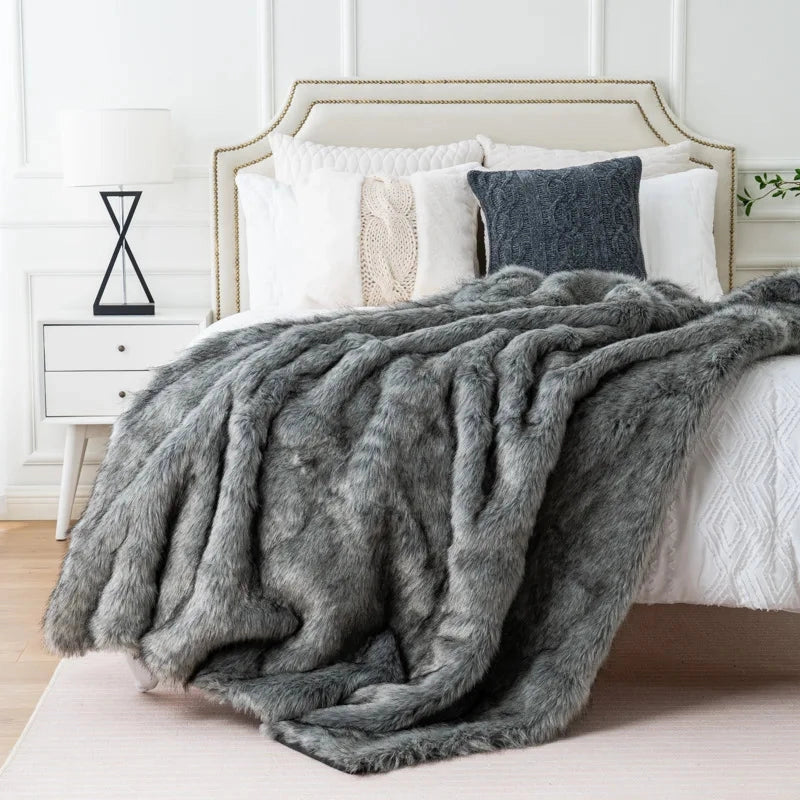 FAUX FOX FUR THROW BLANKET, SILVER