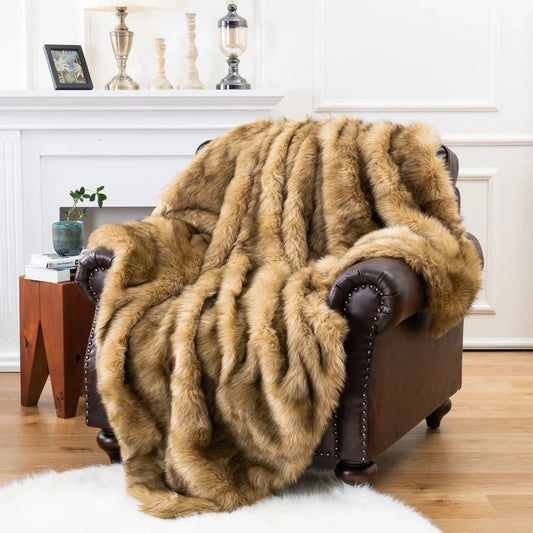 FAUX FOX FUR THROW BLANKET, TAN