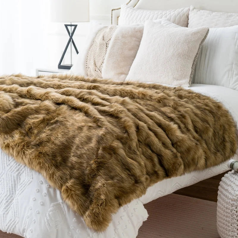 FAUX FOX FUR THROW BLANKET, TAN