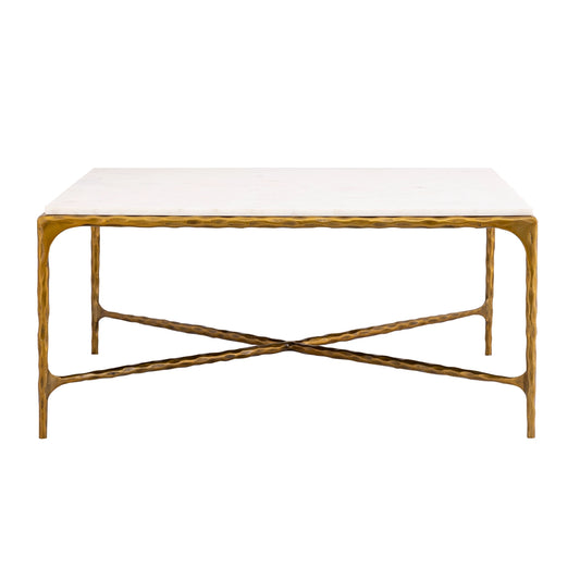 SEVILLE FORGED MARBLE TOP COFFEE TABLE, ANTIQUE BRASS