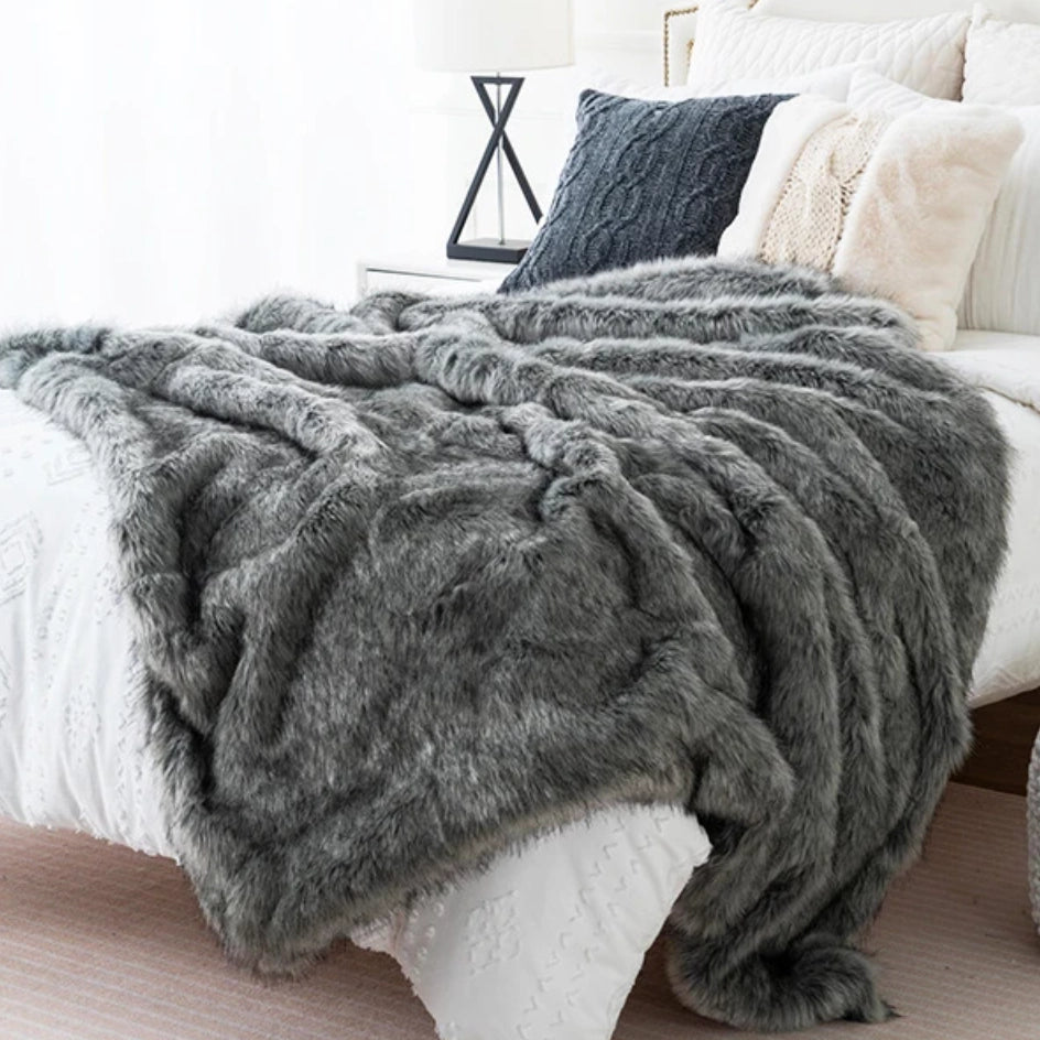 FAUX FOX FUR THROW BLANKET, SILVER