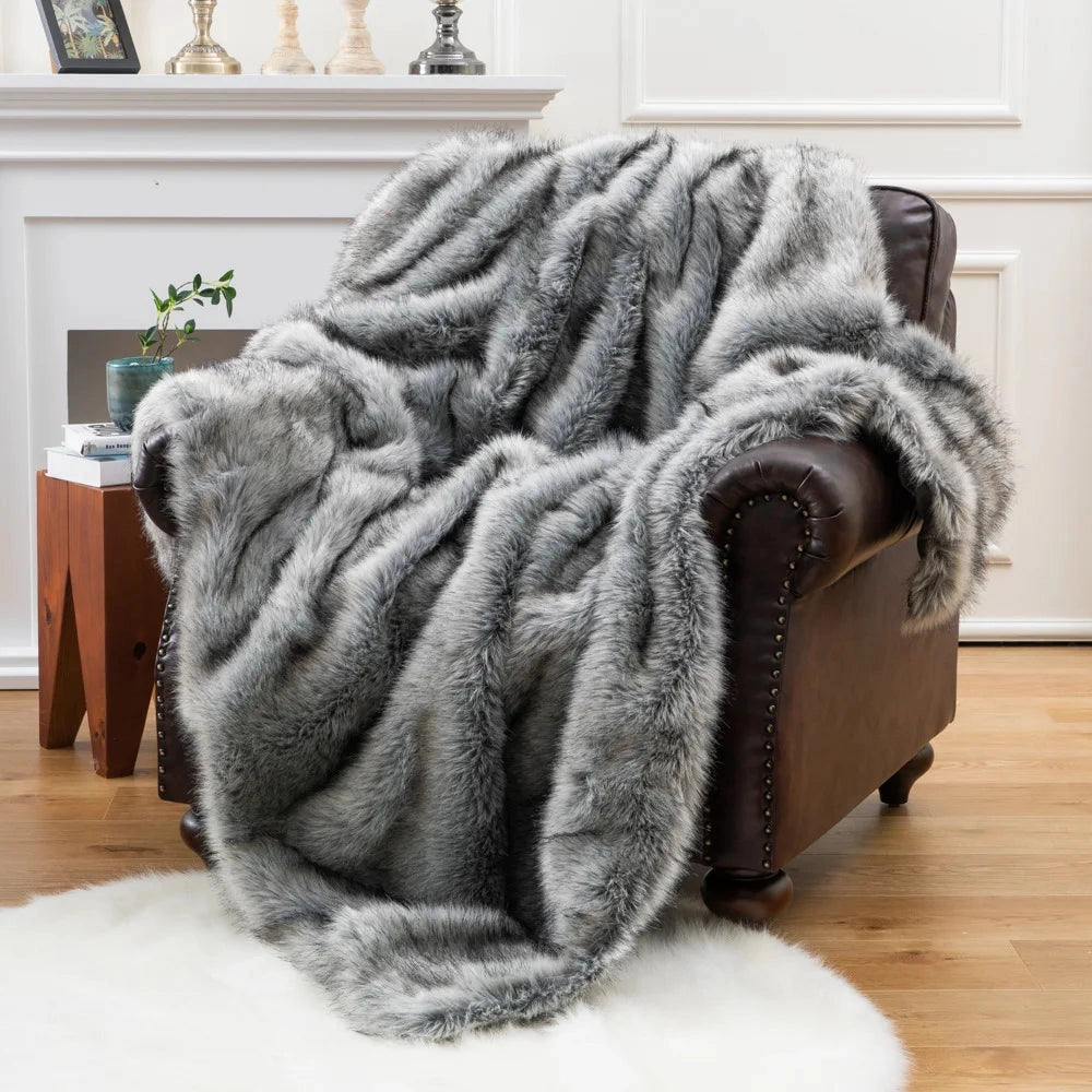 FAUX FOX FUR THROW BLANKET, SILVER