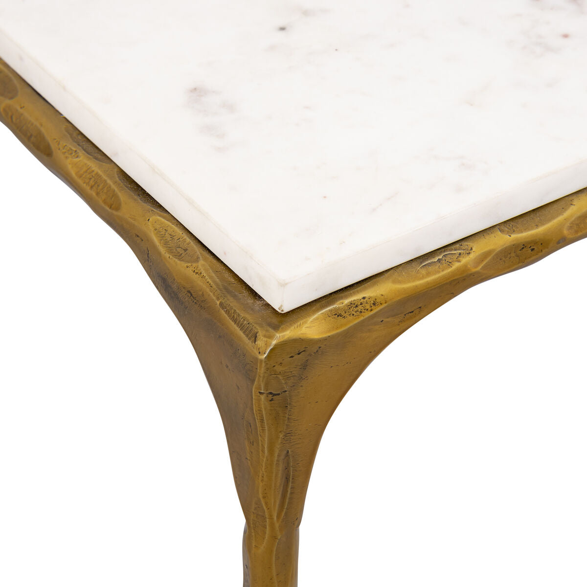 SEVILLE FORGED MARBLE TOP COFFEE TABLE, ANTIQUE BRASS